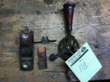 Egg beater drill, Stanley plane, and small spoke shave