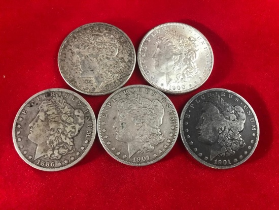 5- New Orleans Morgan Silver Dollars, 1886, (2) 1900 and (2) 1901 all with O mint marks