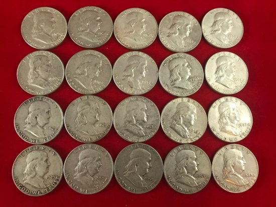 20- (One Roll) of various date Franklin Half Dollars, sells times the money