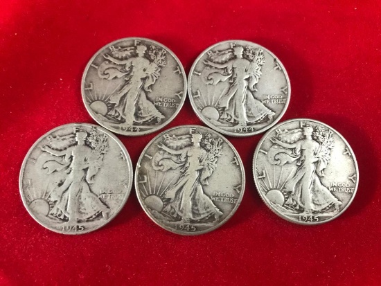5 various date 1940's Walking Liberty Half Dollars, sells times the money