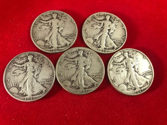 5 various date 1940's Walking Liberty Half Dollars, sells times the money