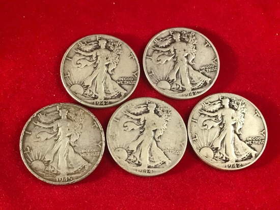 5 various date 1940's Walking Liberty Half Dollars, sells times the money