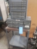 Organized Drill bit storage bins, 8 drawer hardware box and cart on castors