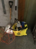 Mop Bucket, shovel, and various cleaning supplies