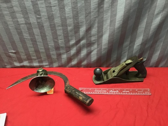 Antique Tool lot, hand sickle, miner's light, and Stanley Plane