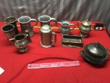 Large collection of Silver Plate, and pewter steins, and dishes