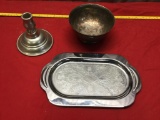 3 pieces of silver plate/ pewter serving ware and candlestick