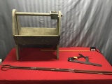 Primitive Farriers box, hand forged brackets, and pair of forging tongs