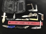 Collection of newer pockets knives, with knife roll, nice variety, Collection starter