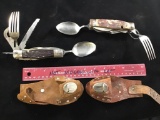 2- Vintage Multi Function Camp knives, with carry sheaths (belt pouches)