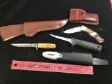 Gerber Fillet knife, Old Timer Lockback with sheath, and older stag handle knife