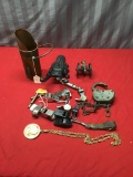 Collection of vintage trinkets, lock, trivet, whistles and more