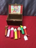 Wooden Cigar box and several pez dispensers