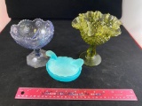 Fenton Hobnail Compote, Nesting hen, and cut glass Compote