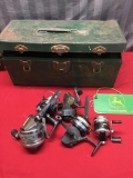 Vintage tackle box with assorted reels, some need TLC