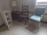 2 chaira, lamp, storage cabinet, and stand on casters