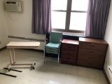 Adjustable hospital bed table, three teal chairs, three drawer nightstand, four-door dresser,