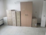 7 File cabinets with various sizes and 2 tables with multiple pictures