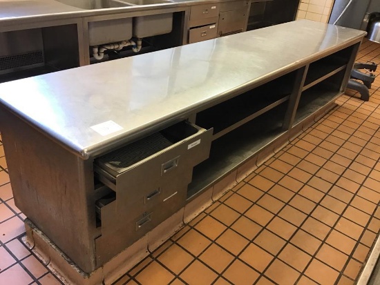 Built in Stainless Steel Counter unit, with drawers, 30 in. wide, 12 ft long, and 34 in. tall