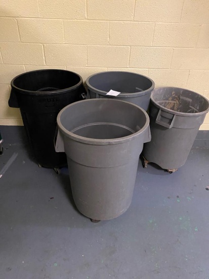 3- commercial trash cans, on casters, NOTE the picture shows 4, but only 3 are included