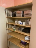 Cabinet contents, includes steam table pans and assorted dishes