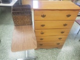 Dresser, rolling night stand and basket