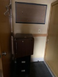 File cabinet, mini fridge and bulletin board