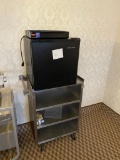 3 shelf stainless steel cart and mini fridge