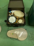 Omnichord and box of assorted cymbals and more