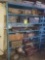 Large heavy duty steel 6 tier shelf loaded with parts bins and various tooling L 60in x W 20in x