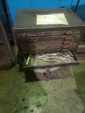 Nice vintage 6 drawer tool box has end mills and drill bits inside comes with 50 gallon drum caster