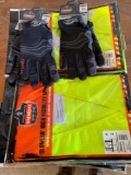 Group of (2) New Lime L/XL Economy Safety Vests (2) pair of Proflex Medium Work Gloves