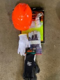 Contractor pack. Hard hat, 3 pair assorted work gloves, safety vest and tinted safety glasses