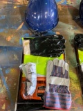 Contractor pack. Hard hat, 3 pair assorted work gloves, safety vest and tinted safety glasses