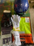 Contractor pack. Hard hat, 3 pair assorted work gloves, safety vest and tinted safety glasses