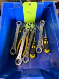 Box lot of new and lightly used assorted tools, plastic tub not included