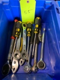 Box lot of new and lightly used assorted tools, plastic tub not included