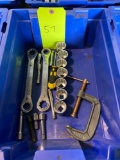 Box lot of new and lightly used assorted tools, plastic tub not included