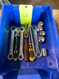 Box lot of new and lightly used assorted tools, plastic tub not included