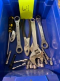 Box lot of new and lightly used assorted tools, plastic tub not included
