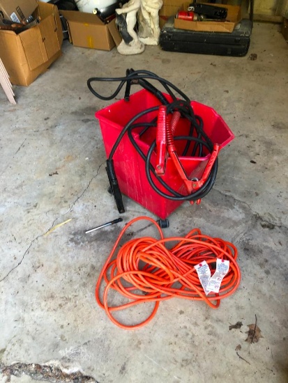 Jumper Cables, Extension Cord, Red Bucket and Tire Pressure Gauge