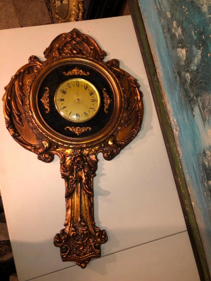 Vintage clock, large framed artwork, gilded mirror