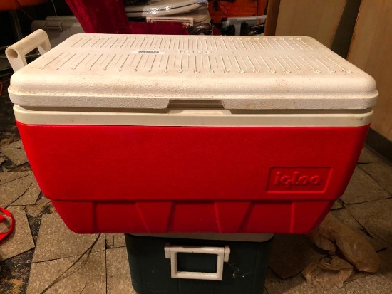 Red igloo cooler with contents