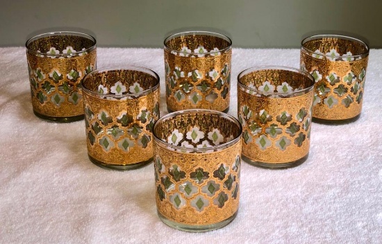 SET OF 6 Valencia 22-Karat Gold Moroccan Themed Vintage Rocks Glasses