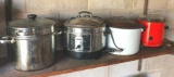 Vintage Red Rival Crock Pot, fryer cooker, and additional stockpots