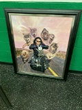 Canvas painting, wolves chasing man on motorcycle