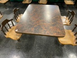4 person cafeteria table, with attached swivel chairs, approx 36 x 48 inch top