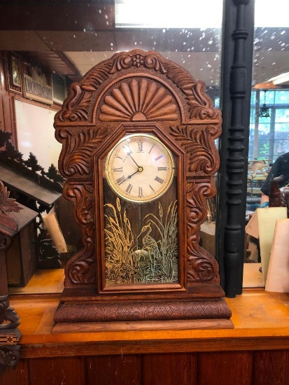 Carved Wooden Mantle Clock with Crane