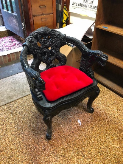 Carved Black Dragon Chair with Red Cushion