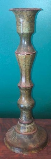 Vintage metal candlestick holder with patina finish